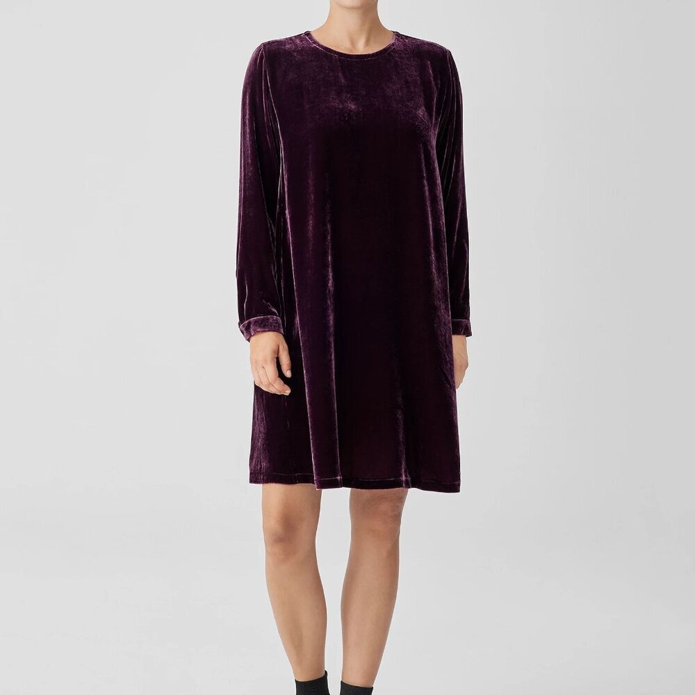 Eileen Fisher Crewneck Velvet Dress Burgundy Small NWT